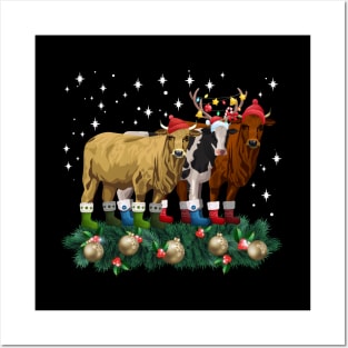 Cow Reindeer Hat Santa Christmas Light Funny Cow Posters and Art